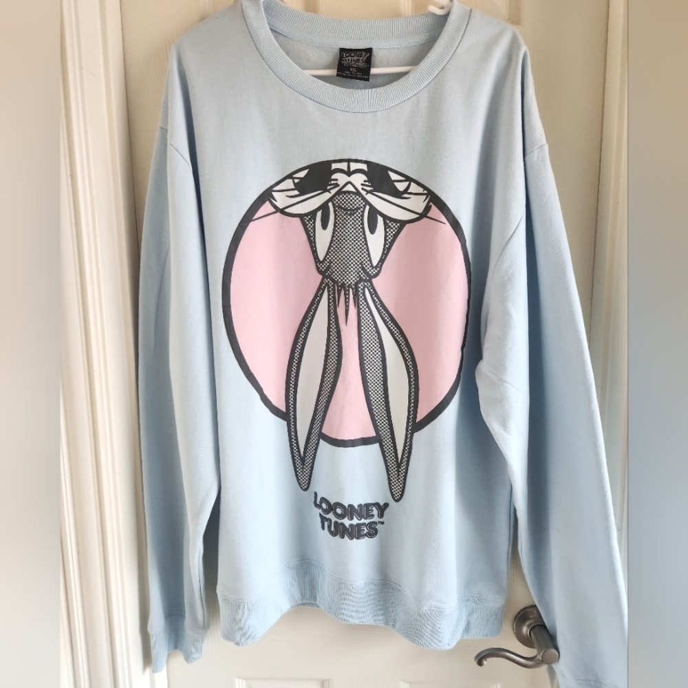 Looney Tunes Bugs Bunny‎ Fleece Graphic Crewneck Sweatshirt XXL Baby Blue NWT